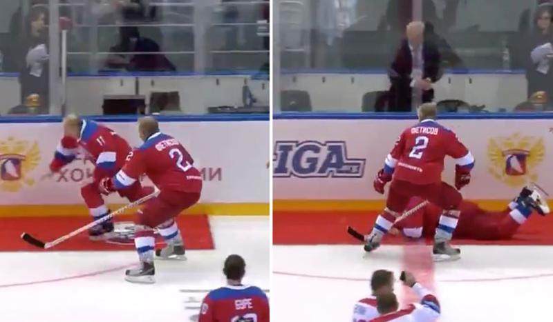 დაცემული პუტინი - ჰოკეის მოედანზე პრეზიდენტის წაქცევის კადრებმა ინტერნეტი დაიპყრო