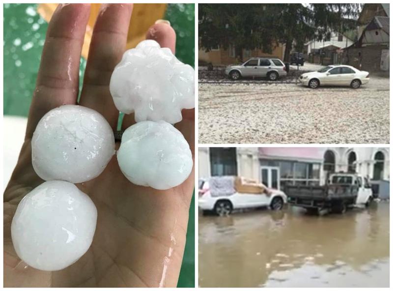 ძლიერი სეტყვა და წვიმა ბორჯომში - დაზიანებულია ავტომანქანები, დატბორილია ქუჩები (ფოტო)