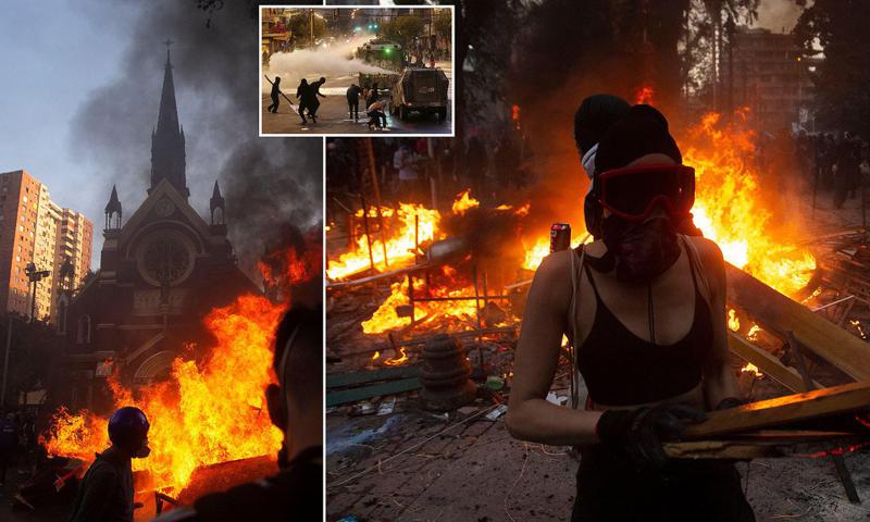 ჩილეში საპროტესტო აქციის მონაწილეებმა პოლიციის შენობებსა და ორ ეკლესიას ცეცხლი წაუკიდეს - ფოტოები და ვიდეო