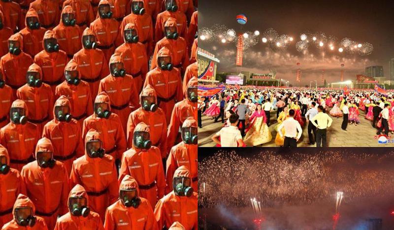 ფეიერვერკი, ადამიანები დამცავი კოსტიუმებით, აირწინაღებით და ცეკვა ფხენიანის მთავარ მოედანზე - როგორ აღნიშნეს ჩრდილოეთ კორეაში დაარსების 73 წლის იუბილე (ფოტოები)