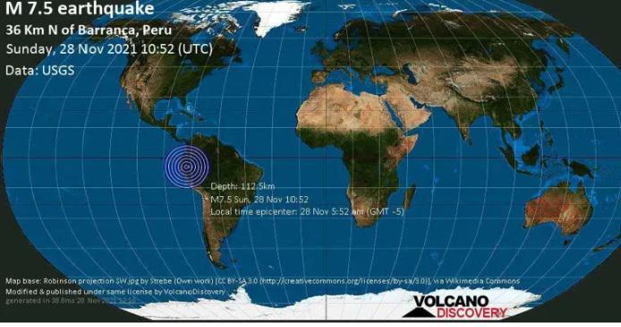 პერუში 7.5 მაგნიტუდის სიმძლავრის მიწისძვრა მოხდა
