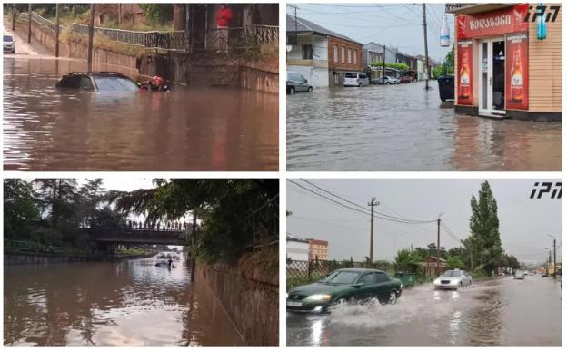 სტიქია გორში - დატბორილია ქუჩები და ავტომობილები: წყალი შევარდა საცხოვრებელი სახლების პირველ სართულზე (კადრები ადგილიდან)