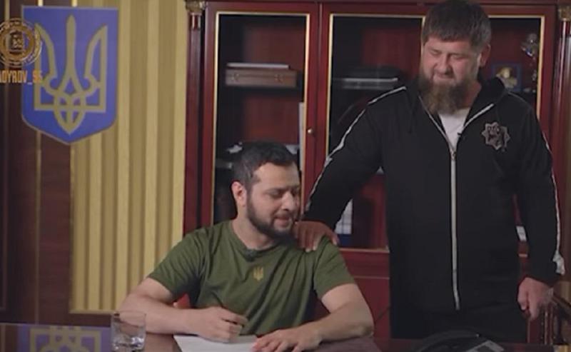 რამზან კადიროვი პრეზიდენტ ზელენსკისადმი მიძღვნილ პაროდიულ ვიდეოს აქვეყნებს, სადაც ზელენსკის პაროდისტი "უკრაინის დათმობის აქტს" აწერს ხელს