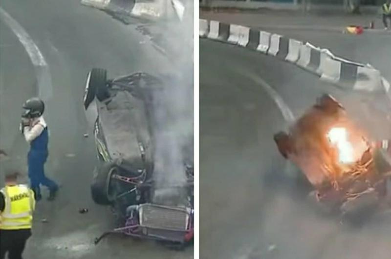 ავტომობილს, რომლითაც მევლუდ მელაძე დრიფტში მონაწილეობდა, ამოტრიალების შემდეგ ცეცხლი გაუჩნდა (ვიდეო)