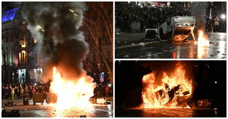 მძიმე ღამის ქრონიკა: რა ხდებოდა წუხელ რუსთაველის გამზირზე - ცრემლსადენი გაზი, წყლის ჭავლი, ამობრუნებული ავტომობილები, დაშავებული მომიტინგეები (ფოტოები)