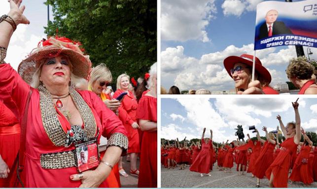 პუტინის მხარდასაჭერად პეტერბურგის ქუჩებში წითელკაბიანი ქალები გამოვიდნენ - ფლეშმობი 90-იანი წლების ჰიტების ფონზე
