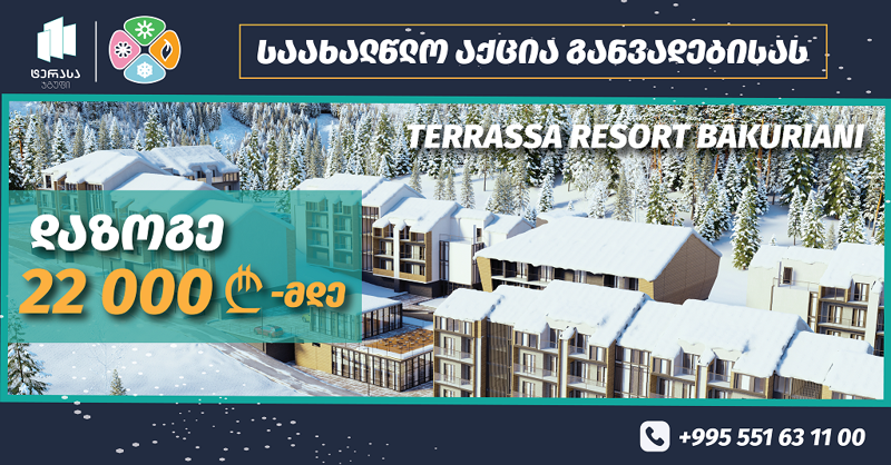 22 000 ლარამდე ფასდაკლება შიდა უპროცენტო განვადებით სარგებლობისას აპარტამენტებსა და სასტუმროს ნომრებზე - "ტერასა რეზორთ ბაკურიანის" საახალწლო აქცია დაიწყო