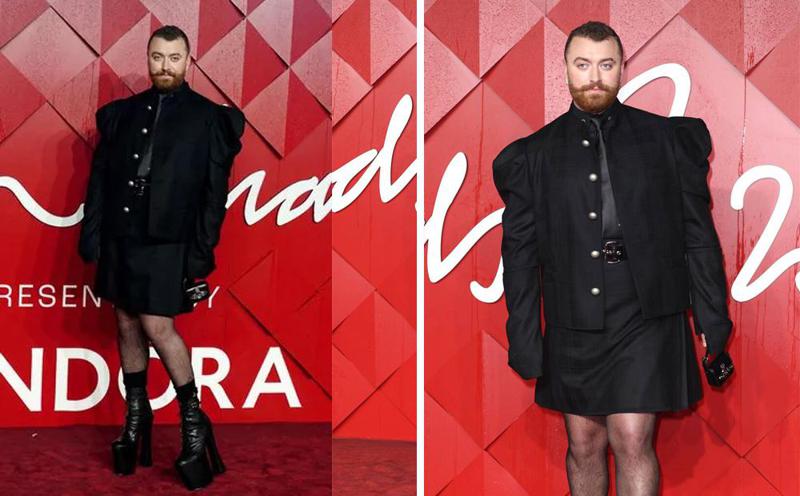 სემ სმიტი მოკლე კაბითა და მაღალქუსლიანი ფეხსაცმლით წითელ ხალიჩაზე - მომღერლის მორიგი უჩვეულო სტილი (ფოტოები)