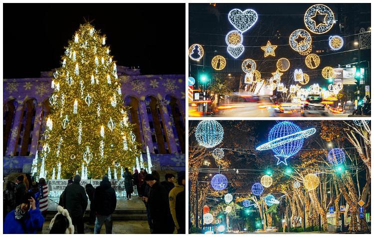 დედაქალაქში მთავარი ნაძვის ხე და საახალწლო ილუმინაციები აინთო - კადრები რუსთაველის გამზირიდან