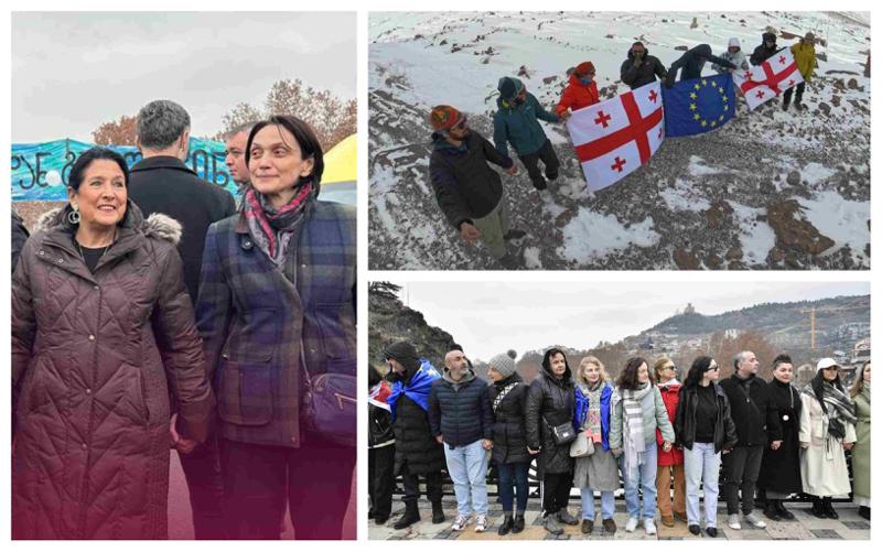 მყინვარწვერიდან დაიწყო...  - საქართველოს ქალაქებში "ერთობის ჯაჭვი" იმართება, რომელშიც პრეზიდენტი სალომე ზურაბიშვილიც ჩაერთო (ფოტოები)