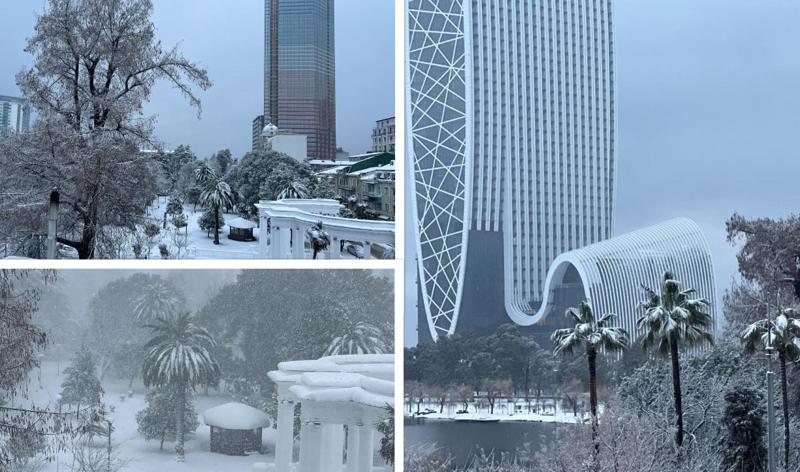 ფოტოები ბათუმიდან, სადაც დიდთოვლობაა - უამინდობის გამო საზოგადოებრივი ტრანსპორტი მუშაობას დროებით აჩერებს