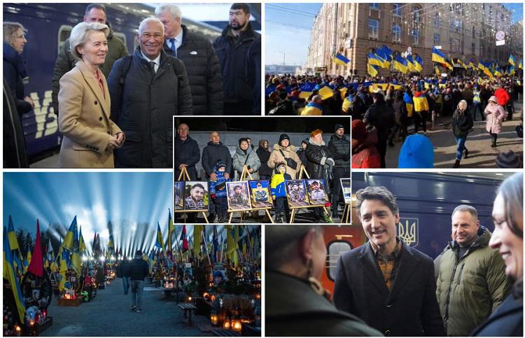 3 წელი რუსეთის უკრაინაში შეჭრიდან - ჯასტინ ტრუდო, ურსულა ფონ დერ ლაიენი და სხვა ლიდერები კიევში არიან: სხვადასხვა ქვეყანაში "ერთობის მარშები" იმართება