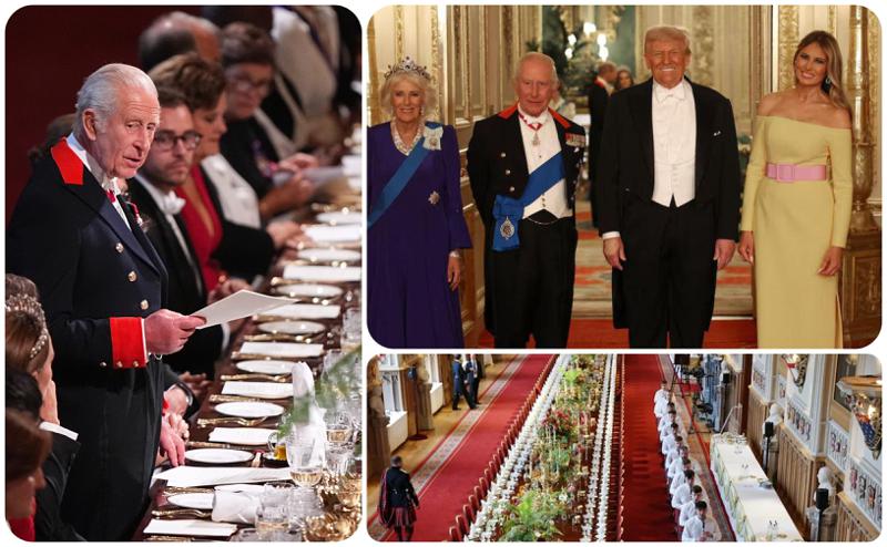 ათწლეულების ყველაზე გრანდიოზული მიღება: 42-მეტრიანი სავახშმო მაგიდა, 113 წლის კონიაკი და სამი ქალი ყურადღების ცენტრში - როგორ დახვდნენ უინძორები ტრამპს (ფოტოები)