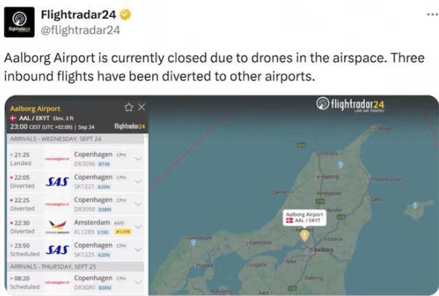 დანიის აეროპორტი, საჰაერო სივრცეში დრონების დაფიქსირების გამო, დროებით დაიხურა - ეს მიმდინარე კვირაში მეორე შემთხვევაა