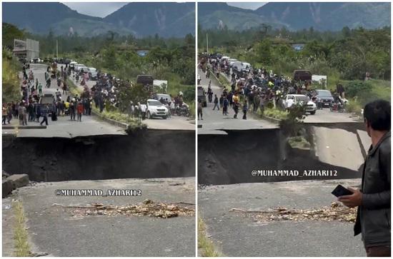 შოკისმომგვრელი კადრები - ინდონეზიაში მოულოდნელად გზატკეცილი ჩამოინგრა და უზარმაზარი კრატერი გაჩნდა