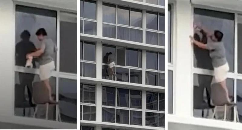 "სიკვდილთან თამაში მე-16 სართულზე" - სოციალურ ქსელში ვრცელდება შოკისმომგვრელი კადრები - როგორ წმენდს ქალი ფანჯრებს მრავალსართულიან კორპუსში გარე ფასადიდან (ვიდეო)