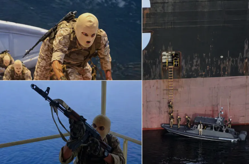 “ისლამური რევოლუციის გუშაგთა კორპუსის“ ნიღბიანი ჯარისკაცები და ოპერაცია ჰორმუზის სრუტეში - ირანი კონტეინერმზიდის დაკავების  ამსახველ კადრებს ავრცელებს