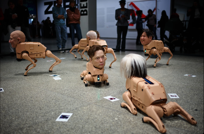 ცუკერბერი, მასკი, ბეზოსი და სხვა მილიარდერები რობოტი ძაღლების ამპლუაში - უჩვეულო გამოფენა ბერლინის მუზეუმში, სადაც უკონტროლო ძალაუფლებას აპროტესტებენ