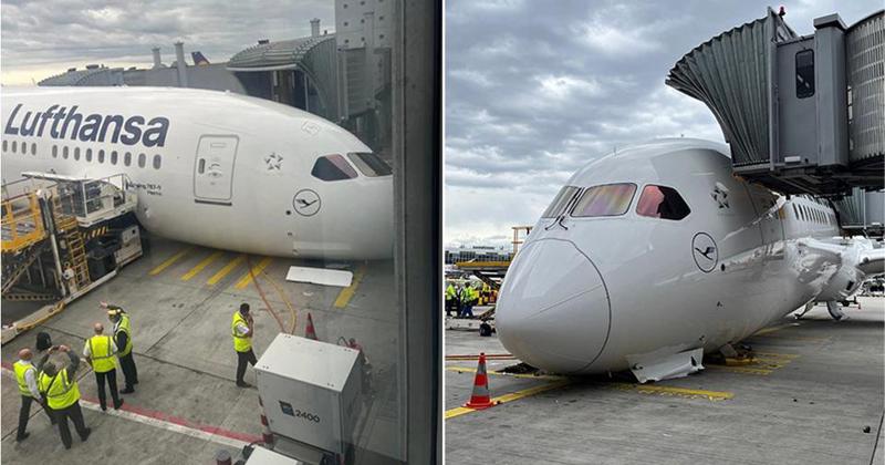 ფრანკფურტის აეროპორტში Boeing 787-ის წინა ნაწილი მიწაზე დაენარცხა - დაშავდნენ ავიაკომპანია Lufthansa-ს თანამშრომლები (ვიდეო)
