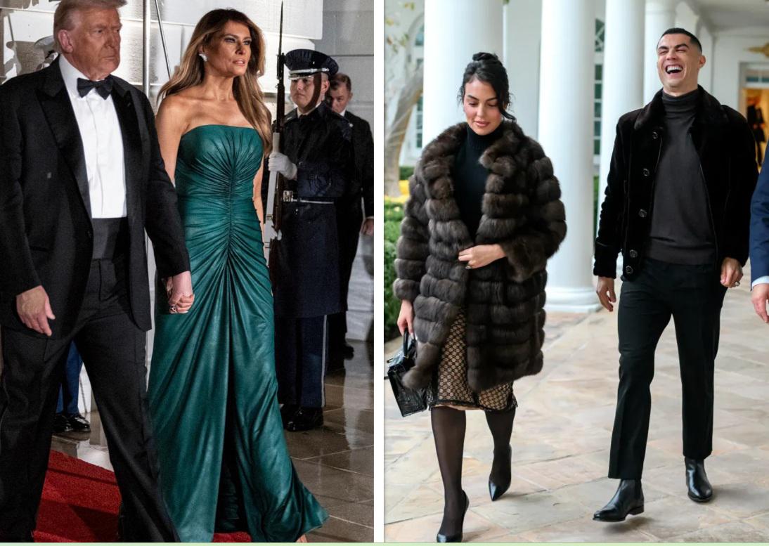 ჯორჯინასა და მელანიას "სტილის დუელი" თეთრ სახლში - 75 000-ევროიანი ნიანგის ტყავის ჩანთა და 225-ევროიანი ქურქი: რონალდუს საცოლის მრავალათასიანი სამოსი ტრამპთან ვახშამზე (ფოტოები)