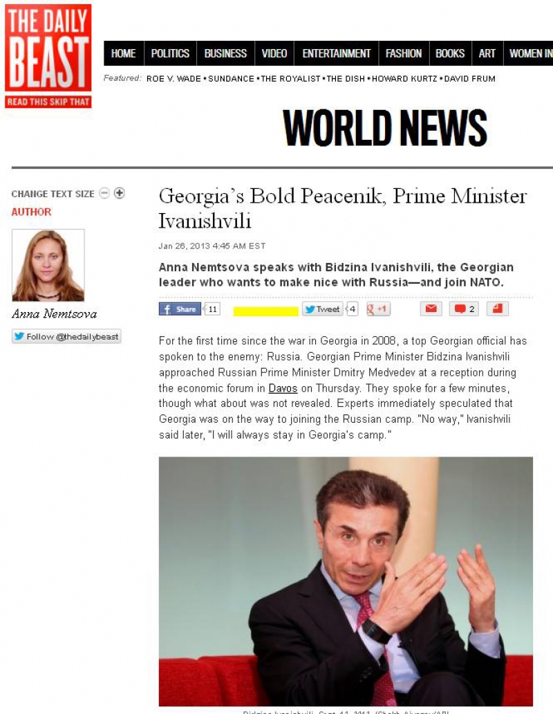 The Daily Beast - საქართველოს მამაცი პაციფისტი - პრემიერ-მინისტრი ივანიშვილი 